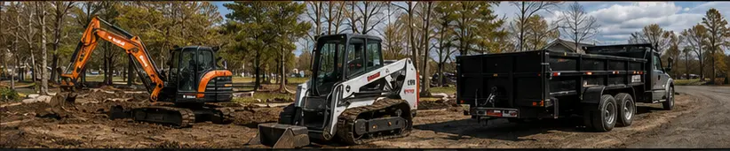 Camden and Colbourne excavator, skid steer and dump trailer at a work site