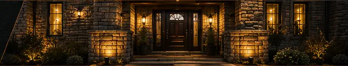Secure stone home with exterior lighting